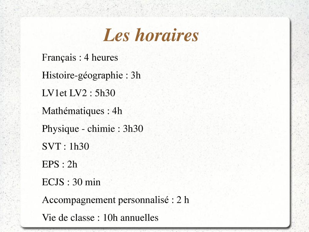 Les horaires Français : 4 heures Histoire-géographie : 3h