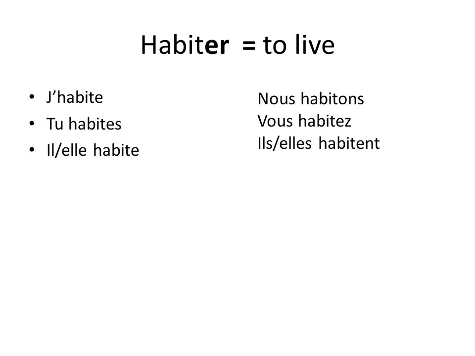Habiter = to live J’habite Nous habitons Tu habites Vous habitez