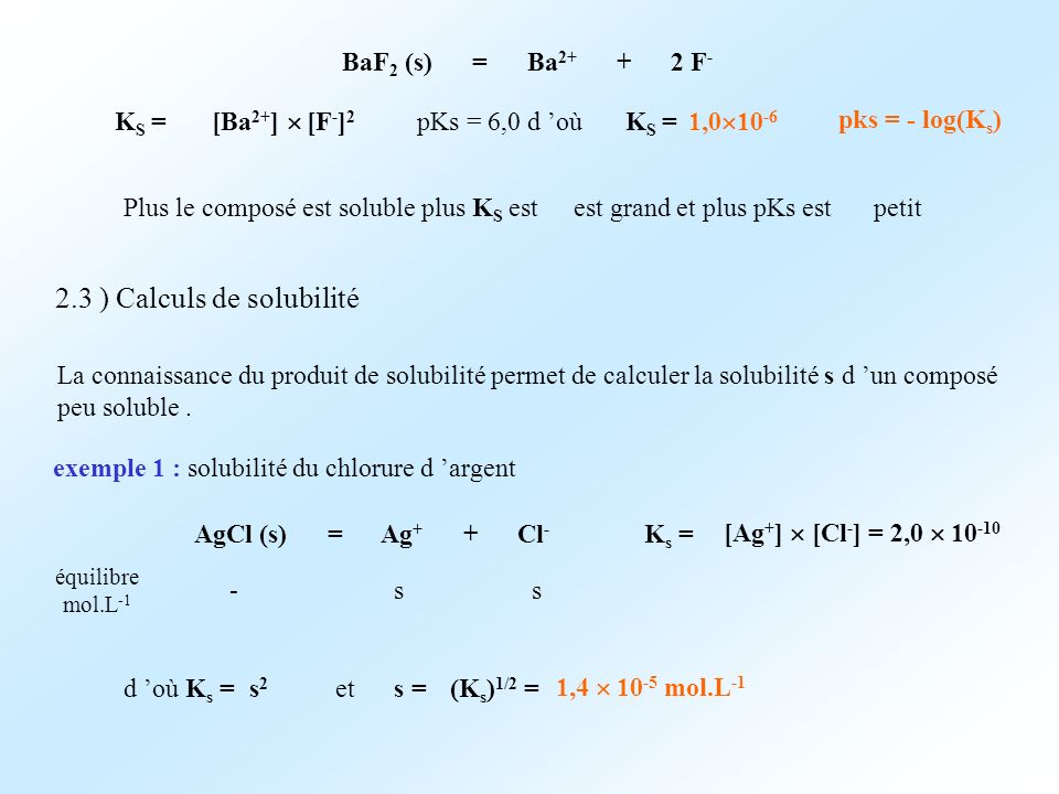 2.3 ) Calculs de solubilité
