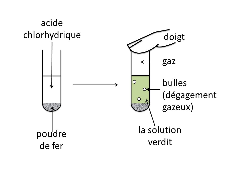 poudre de fer acide chlorhydrique la solution verdit bulles (dégagement gazeux) gaz doigt