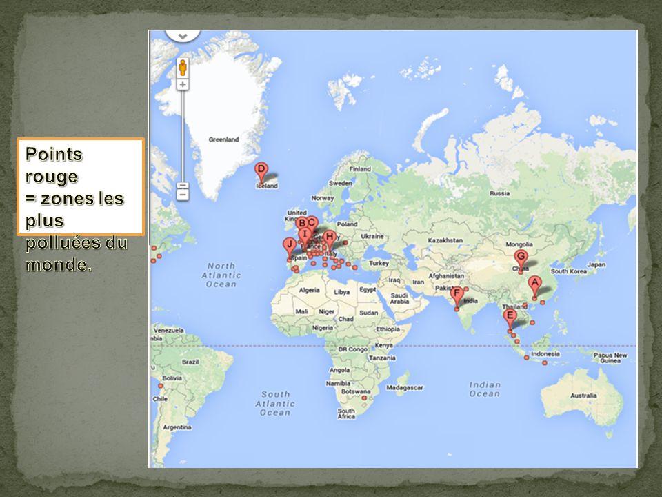 Points rouge = zones les plus polluées du monde.