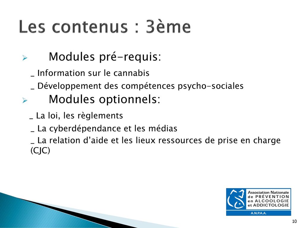 Les contenus : 3ème Modules pré-requis: _ Information sur le cannabis