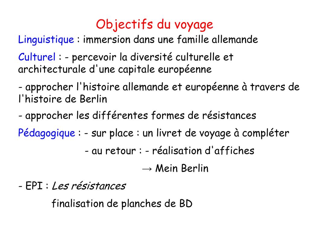 Objectifs du voyage Linguistique : immersion dans une famille allemande.
