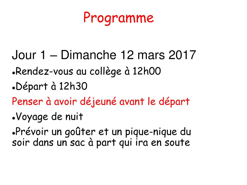 Programme Jour 1 – Dimanche 12 mars 2017