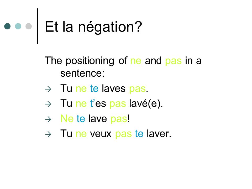 Et la négation The positioning of ne and pas in a sentence: