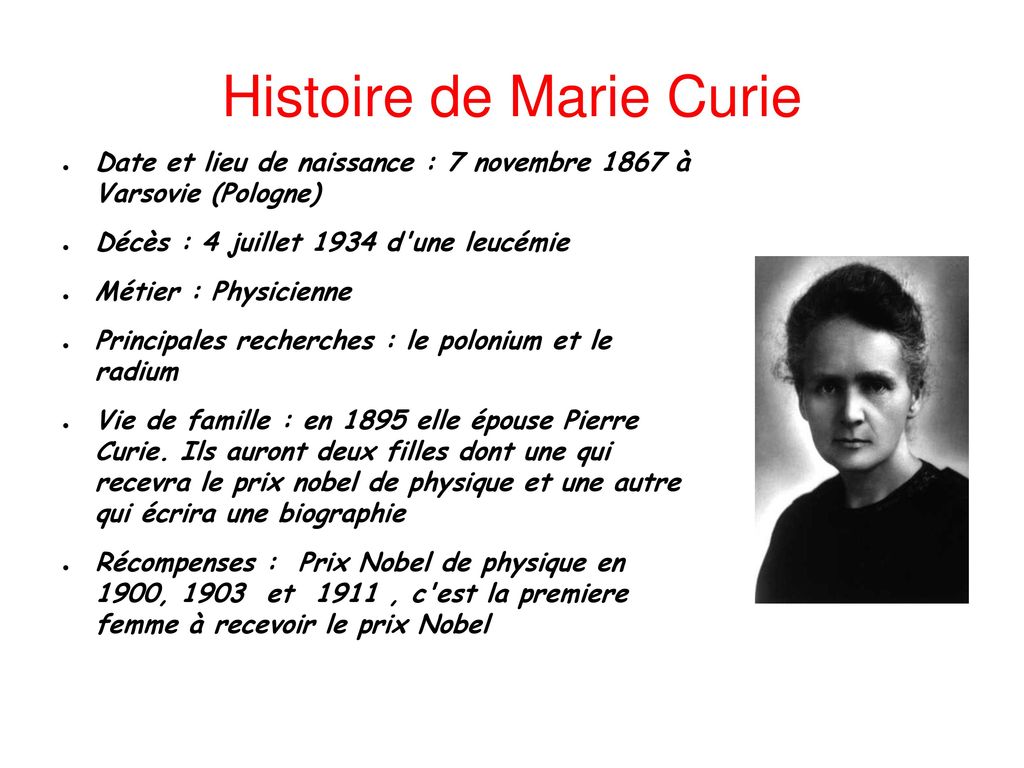 Histoire de Marie Curie
