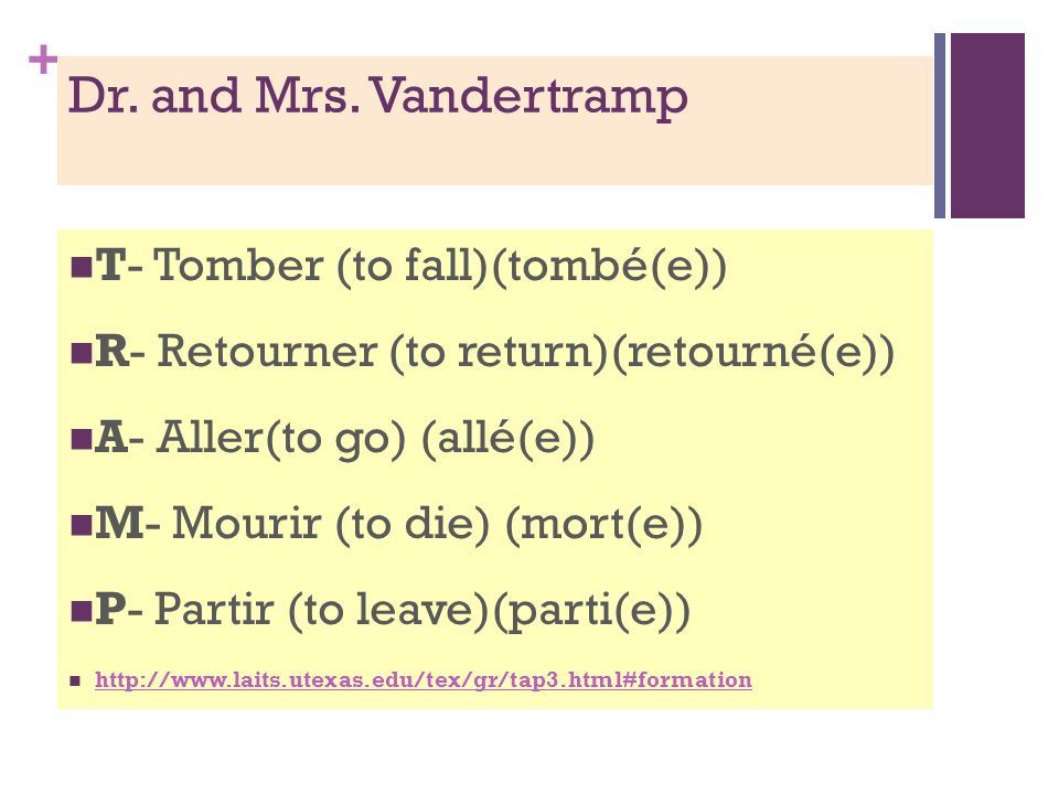 Dr. and Mrs. Vandertramp T- Tomber (to fall)(tombé(e))