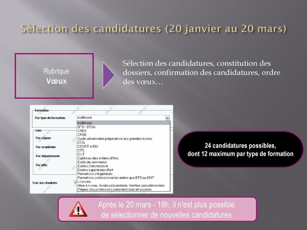 Sélection des candidatures (20 janvier au 20 mars)