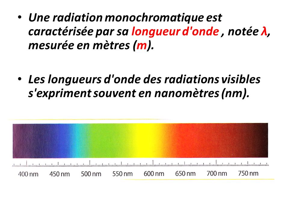 Une radiation monochromatique est caractérisée par sa longueur d onde , notée λ, mesurée en mètres (m).