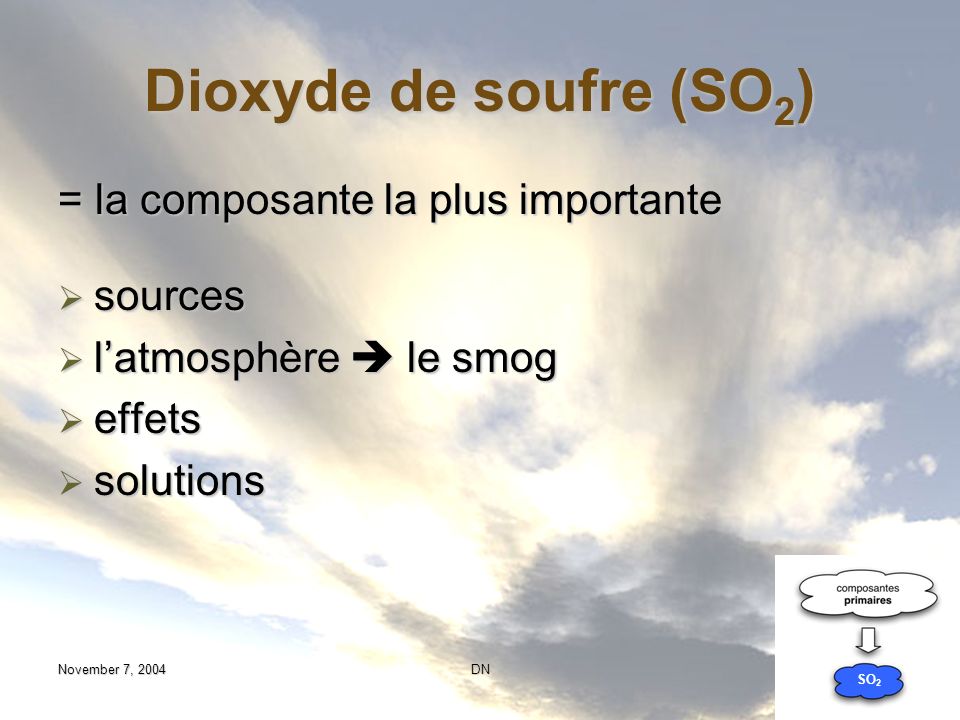 Dioxyde de soufre (SO2) = la composante la plus importante sources