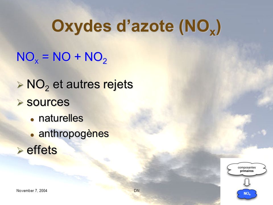 Oxydes d’azote (NOx) NOx = NO + NO2 NO2 et autres rejets sources