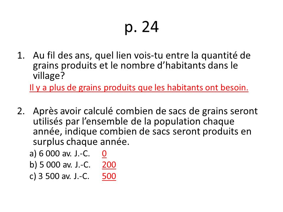 p. 24 Au fil des ans, quel lien vois-tu entre la quantité de grains produits et le nombre d’habitants dans le village
