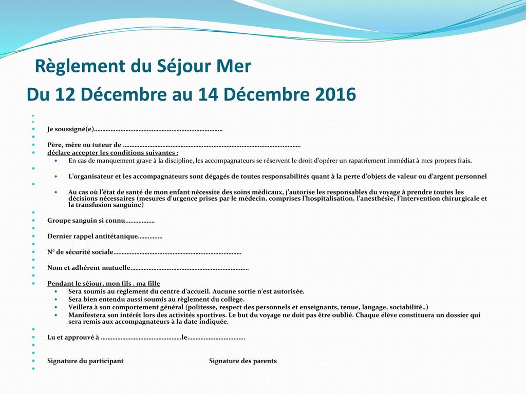 Règlement du Séjour Mer Du 12 Décembre au 14 Décembre 2016