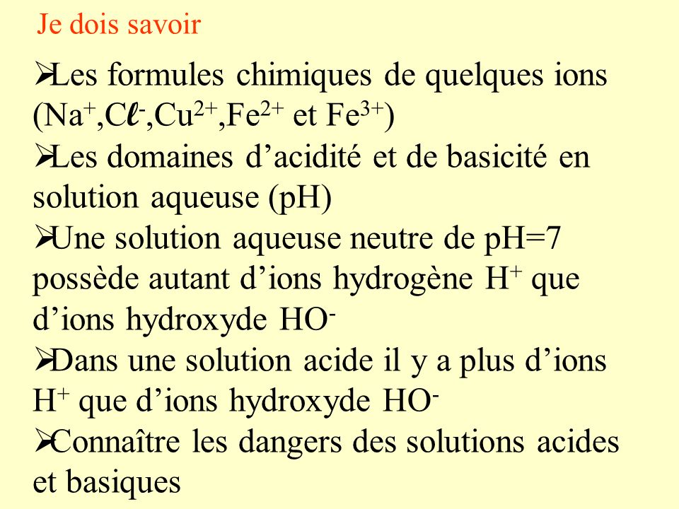 Les formules chimiques de quelques ions (Na+,Cl-,Cu2+,Fe2+ et Fe3+)