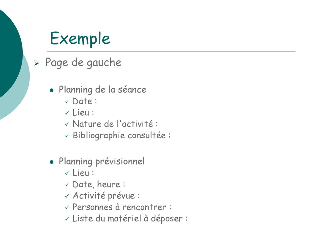 Exemple Page de gauche Planning de la séance Planning prévisionnel