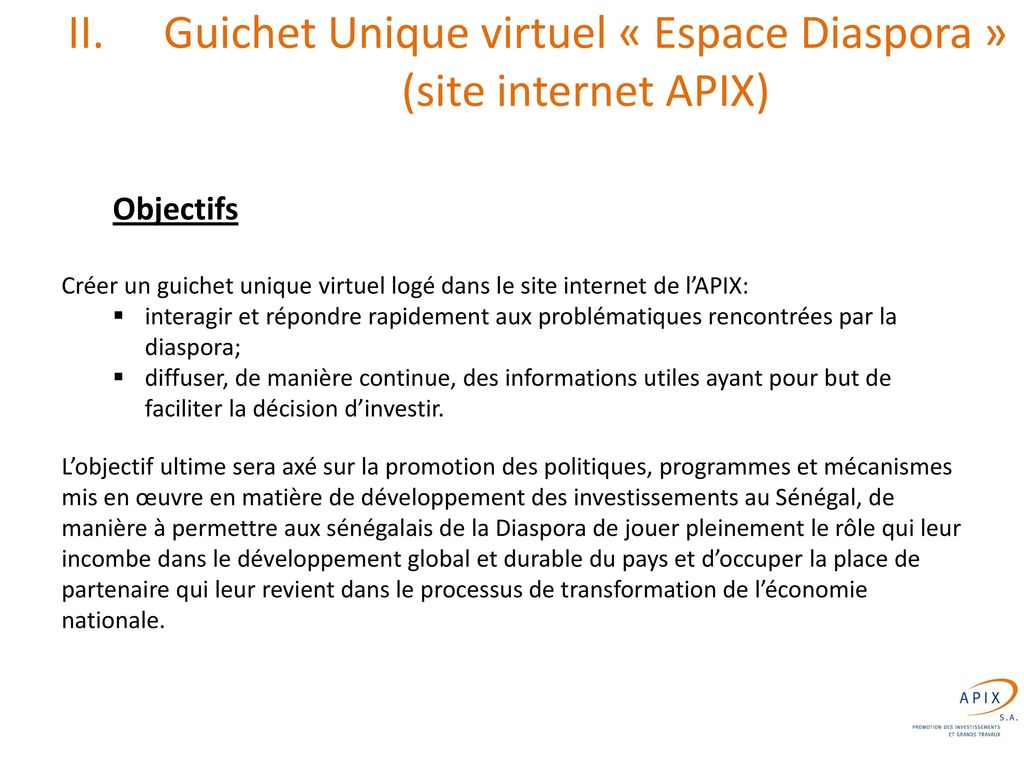 Guichet Unique virtuel « Espace Diaspora » (site internet APIX)
