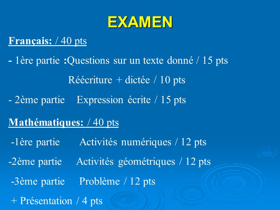 EXAMEN Français: / 40 pts. - 1ère partie :Questions sur un texte donné / 15 pts. Réécriture + dictée / 10 pts.