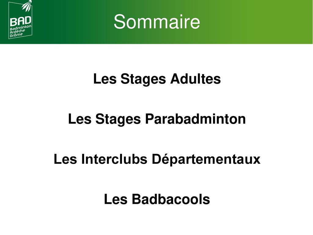 Sommaire Les Stages Adultes Les Stages Parabadminton Les Interclubs Départementaux Les Badbacools