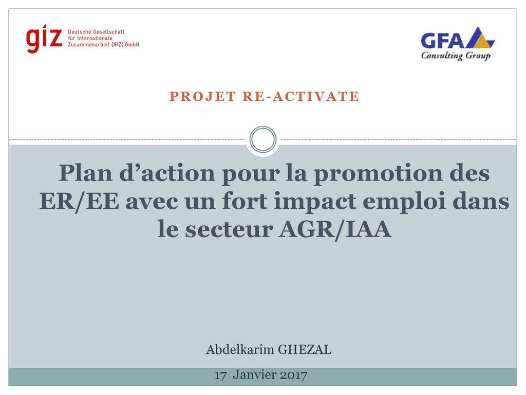 Projet RE-ACTIVATE Plan d’action pour la promotion des ER/EE avec un fort impact emploi dans le secteur AGR/IAA.