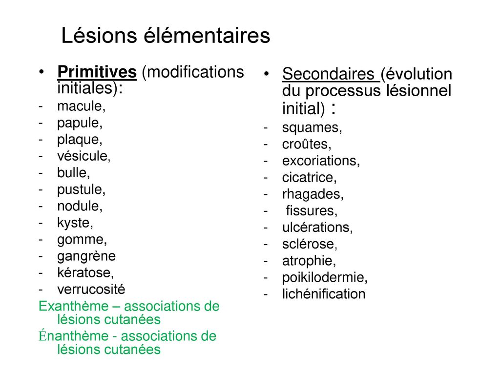 Lésions élémentaires Primitives (modifications initiales):