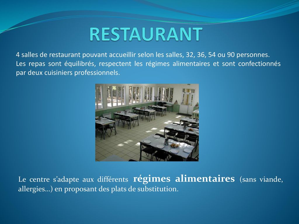 RESTAURANT 4 salles de restaurant pouvant accueillir selon les salles, 32, 36, 54 ou 90 personnes.