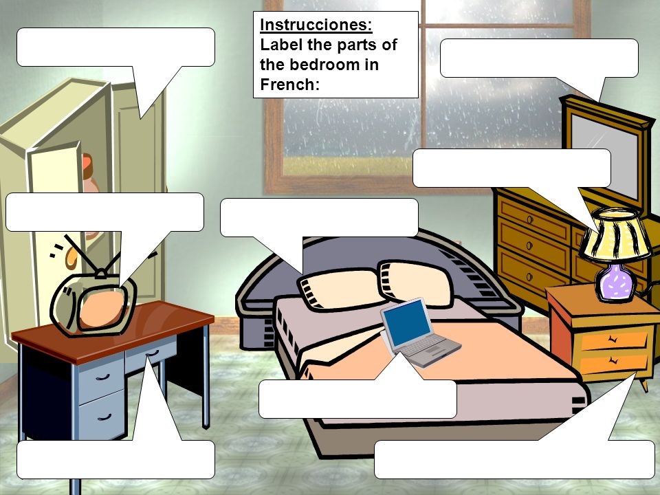 Instrucciones: Label the parts of the bedroom in French: