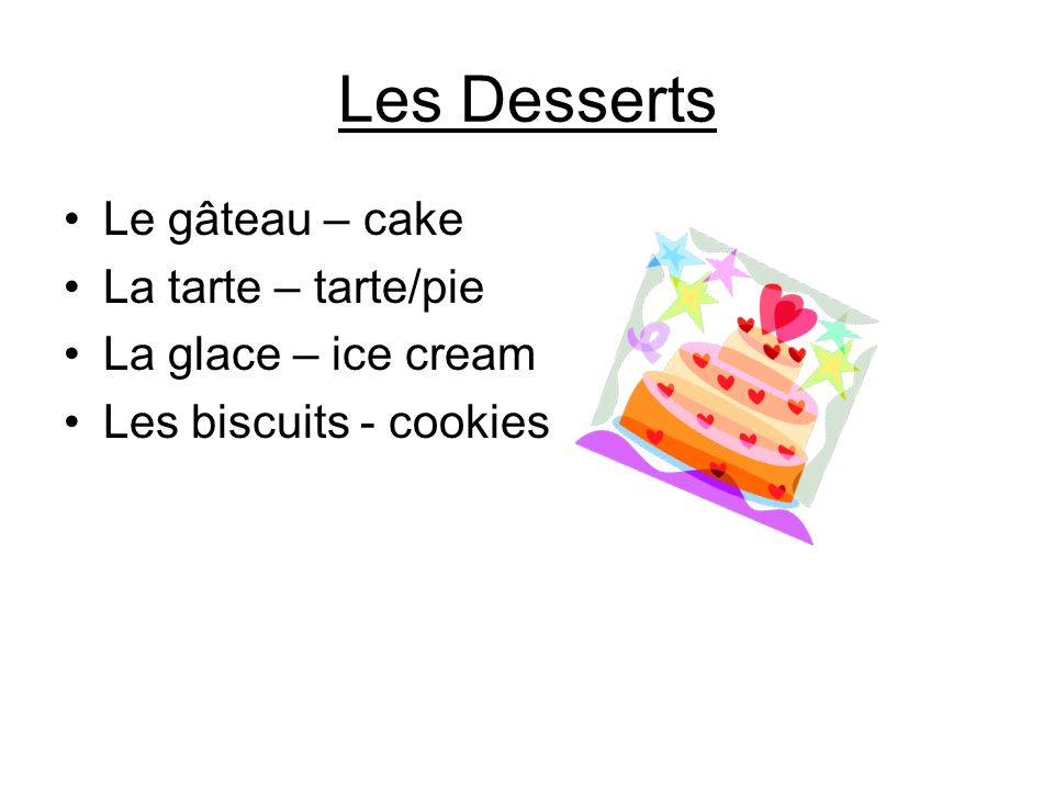 Les Desserts Le gâteau – cake La tarte – tarte/pie