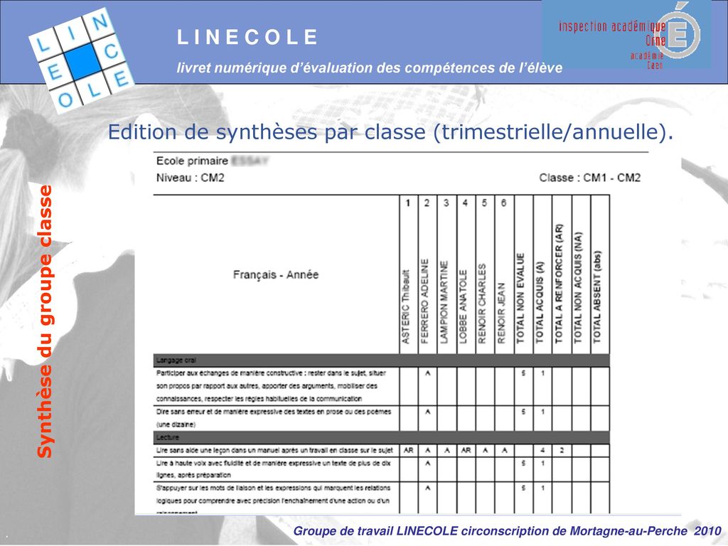 Edition de synthèses par classe (trimestrielle/annuelle).