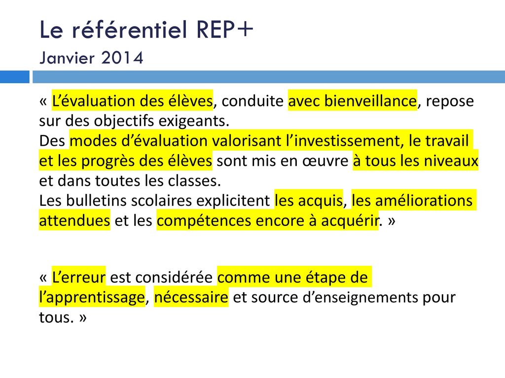 Le référentiel REP+ Janvier 2014