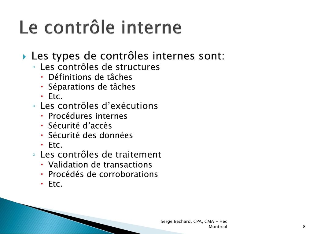 Le contrôle interne Les types de contrôles internes sont: