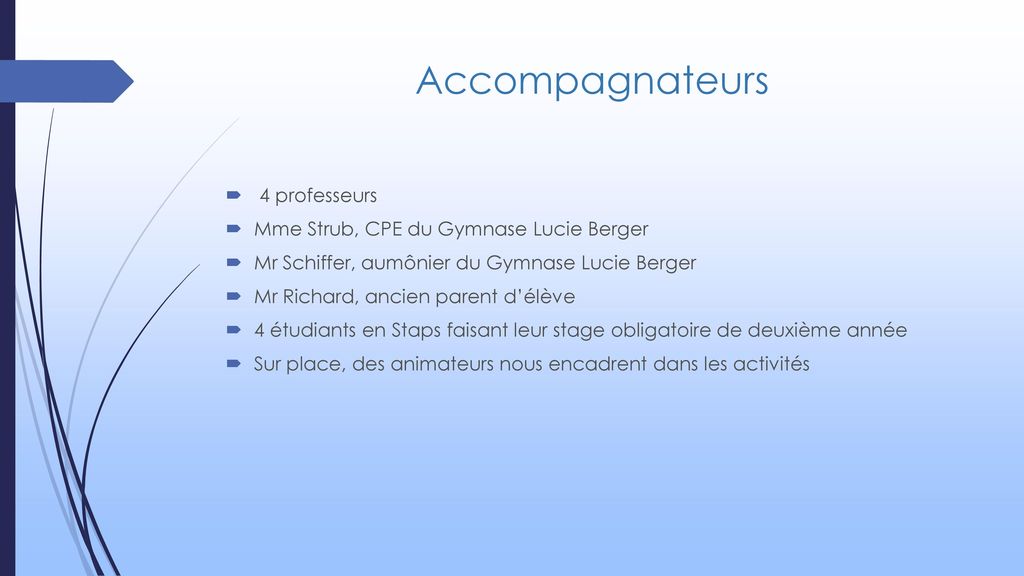 Accompagnateurs 4 professeurs Mme Strub, CPE du Gymnase Lucie Berger