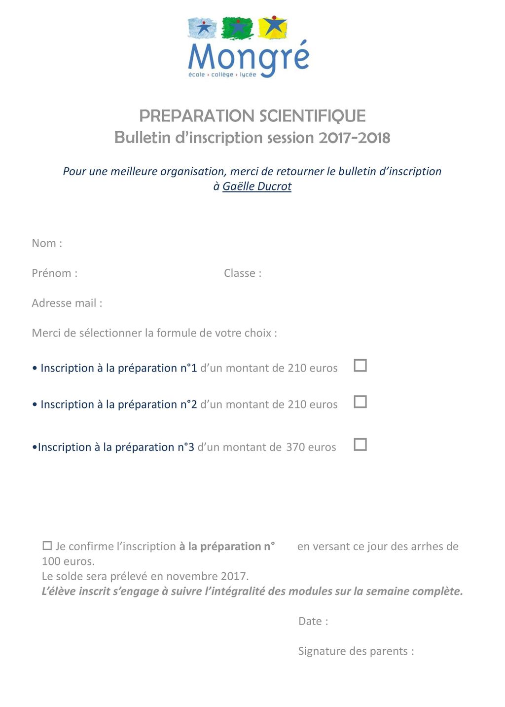 PREPARATION SCIENTIFIQUE Bulletin d’inscription session