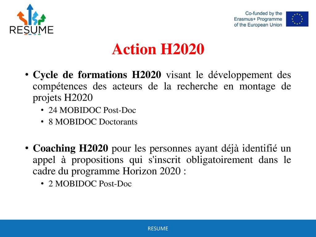 Action H2020 Cycle de formations H2020 visant le développement des compétences des acteurs de la recherche en montage de projets H2020.