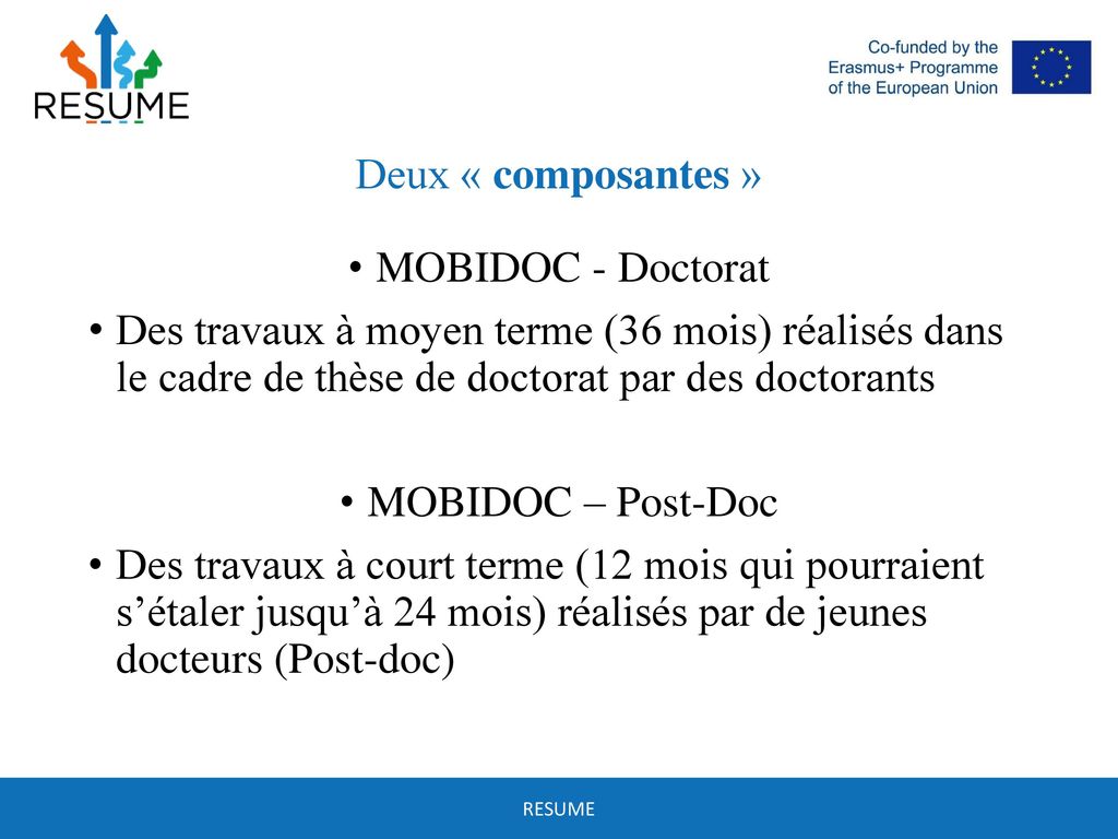 Deux « composantes » MOBIDOC - Doctorat. Des travaux à moyen terme (36 mois) réalisés dans le cadre de thèse de doctorat par des doctorants.