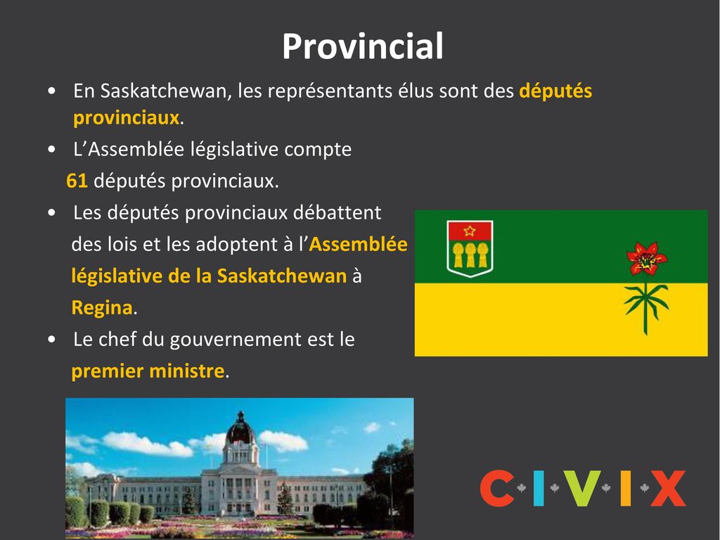Provincial En Saskatchewan, les représentants élus sont des députés provinciaux. L’Assemblée législative compte.