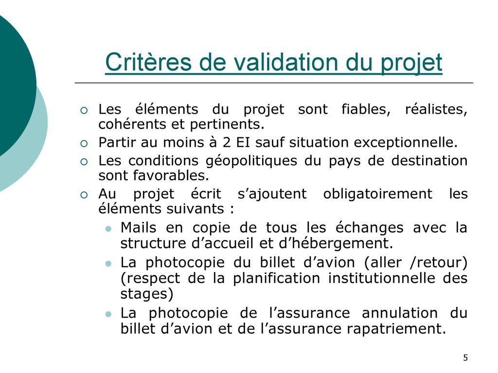 Critères de validation du projet