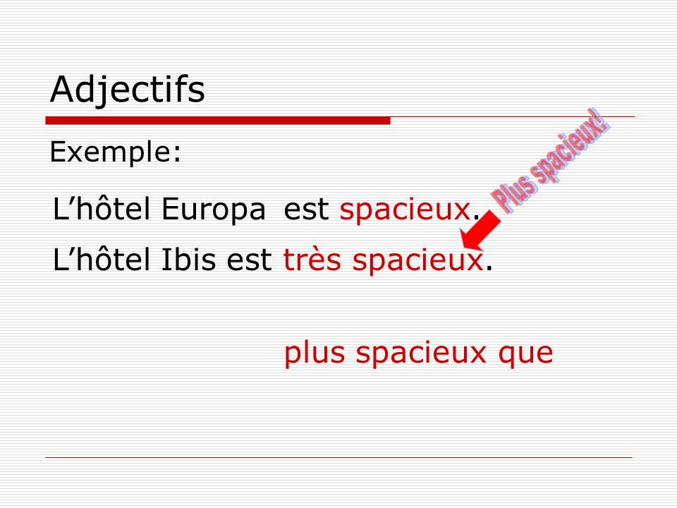 Adjectifs Plus spacieux! L’hôtel Europa est spacieux. L’hôtel Ibis est