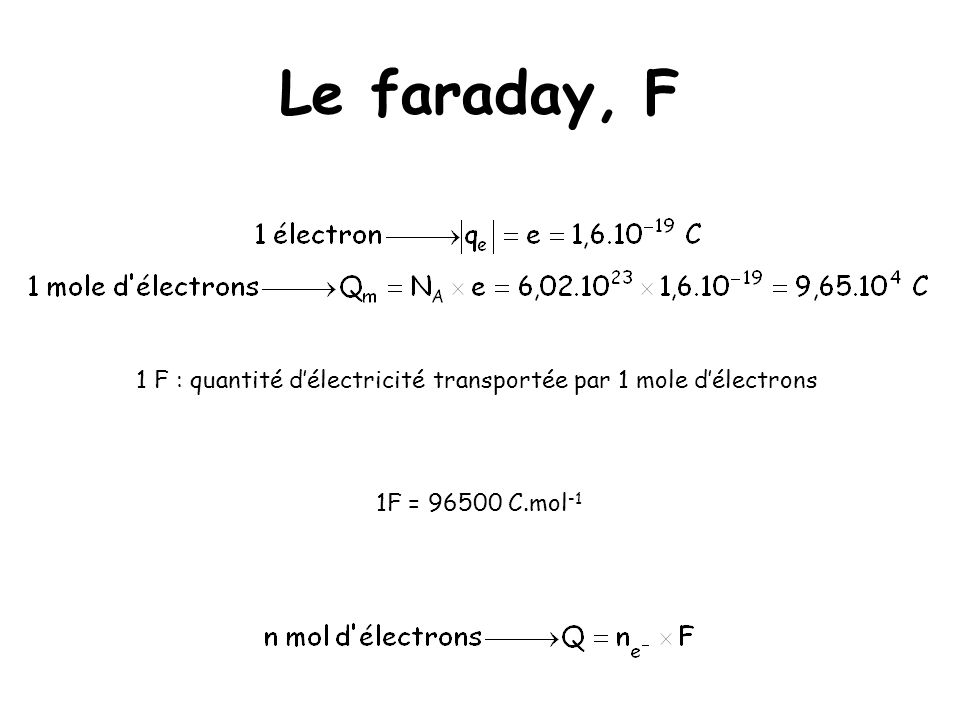 1 F : quantité d’électricité transportée par 1 mole d’électrons