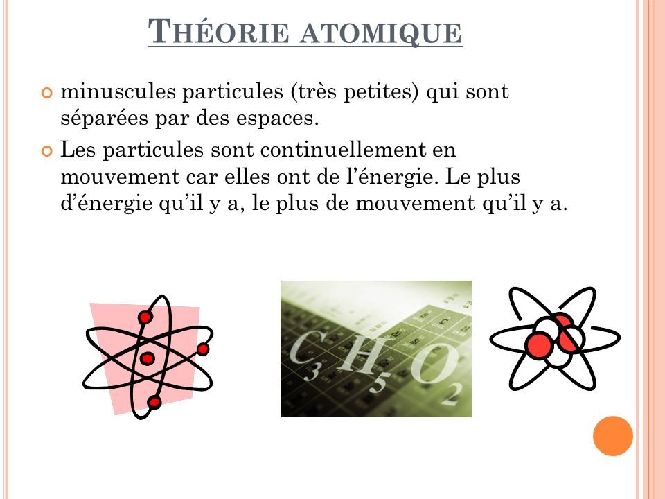 Théorie atomique minuscules particules (très petites) qui sont séparées par des espaces.