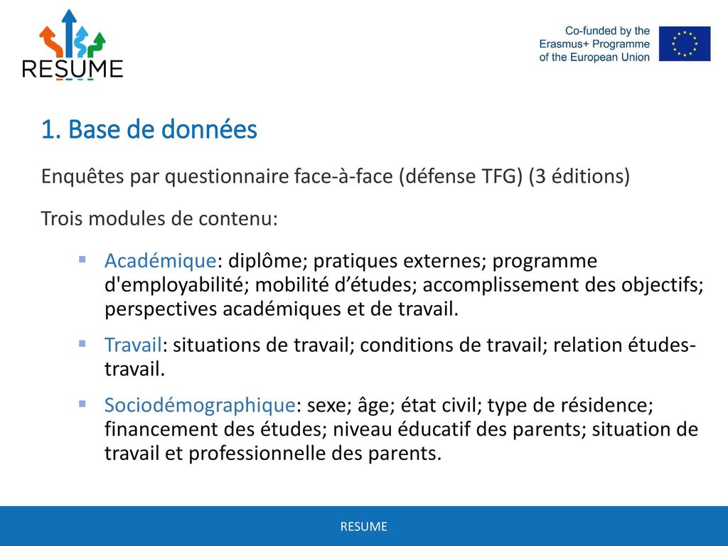 1. Base de données Enquêtes par questionnaire face-à-face (défense TFG) (3 éditions) Trois modules de contenu:
