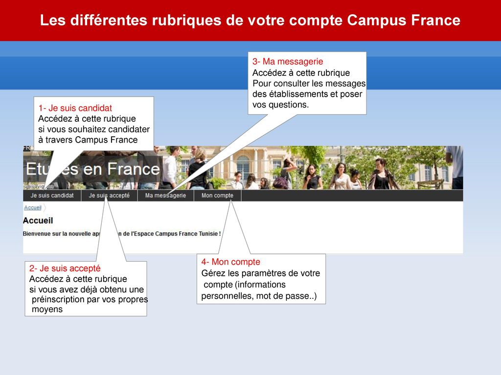 Les différentes rubriques de votre compte Campus France