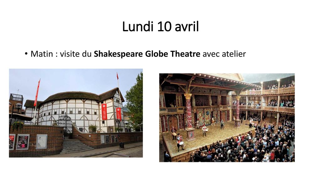 Lundi 10 avril Matin : visite du Shakespeare Globe Theatre avec atelier