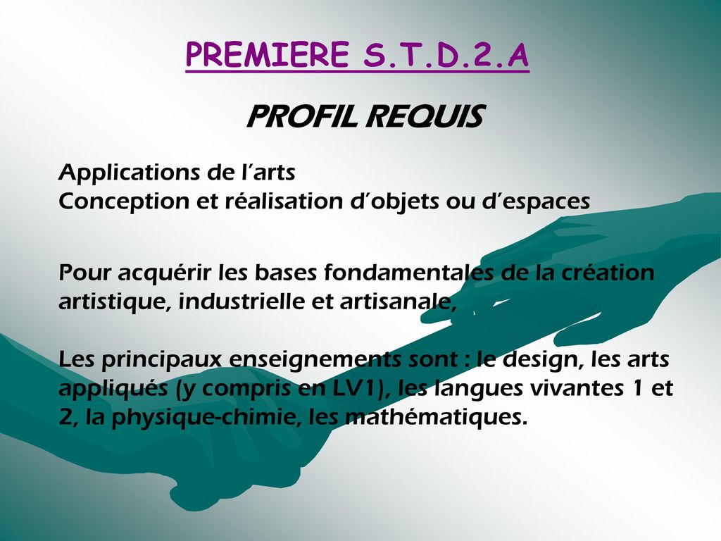PREMIERE S.T.D.2.A PROFIL REQUIS Applications de l’arts