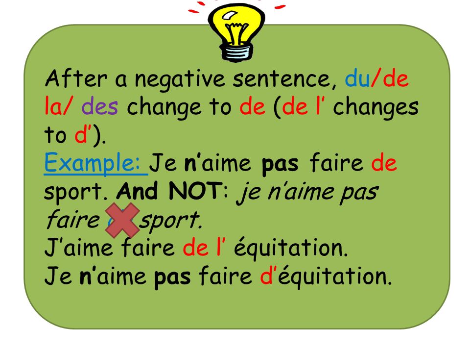 After a negative sentence, du/de la/ des change to de (de l’ changes to d’).