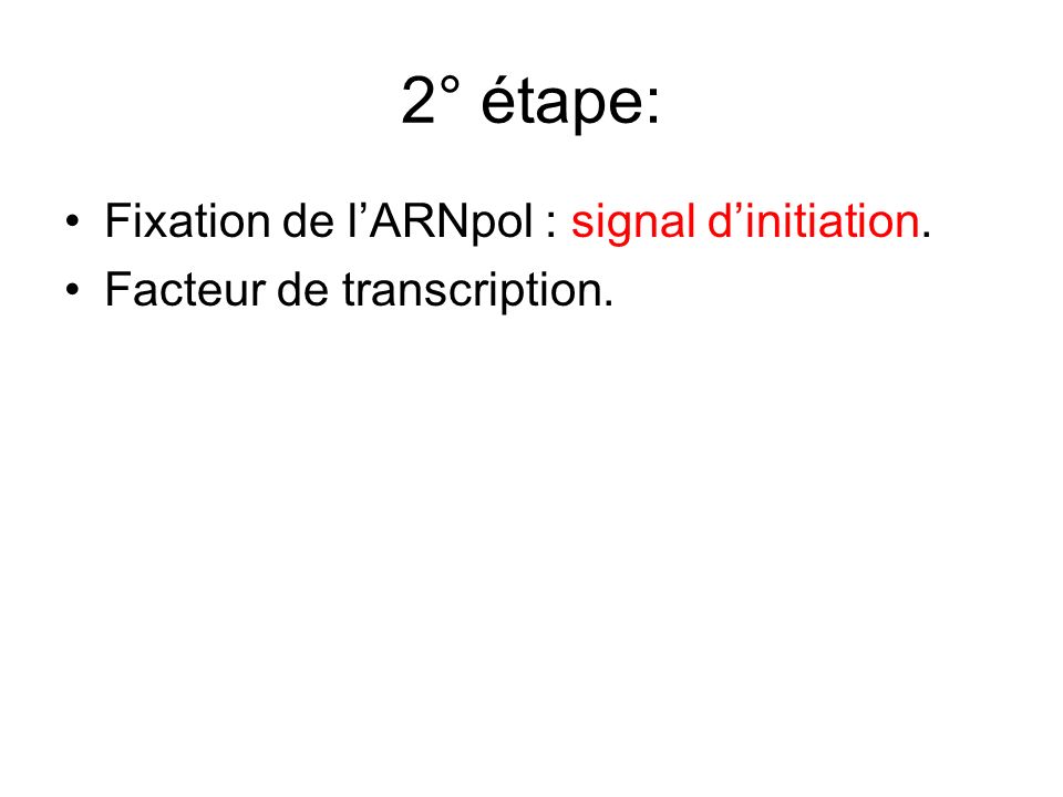 2° étape: Fixation de l’ARNpol : signal d’initiation.