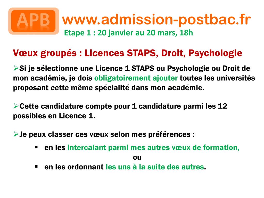 Vœux groupés : Licences STAPS, Droit, Psychologie