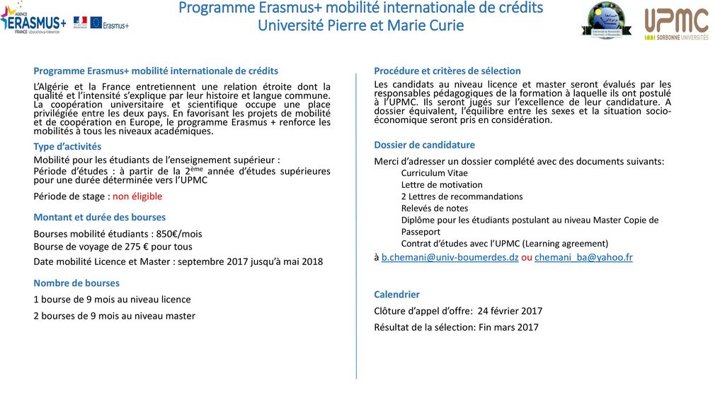 Programme Erasmus+ mobilité internationale de crédits Université Pierre et Marie Curie