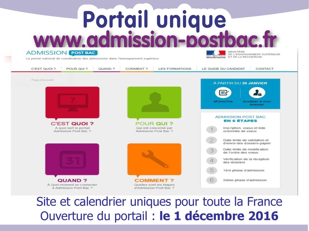 Site et calendrier uniques pour toute la France Ouverture du portail : le 1 décembre 2016