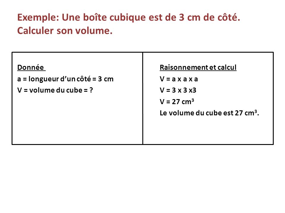 Exemple: Une boîte cubique est de 3 cm de côté. Calculer son volume.
