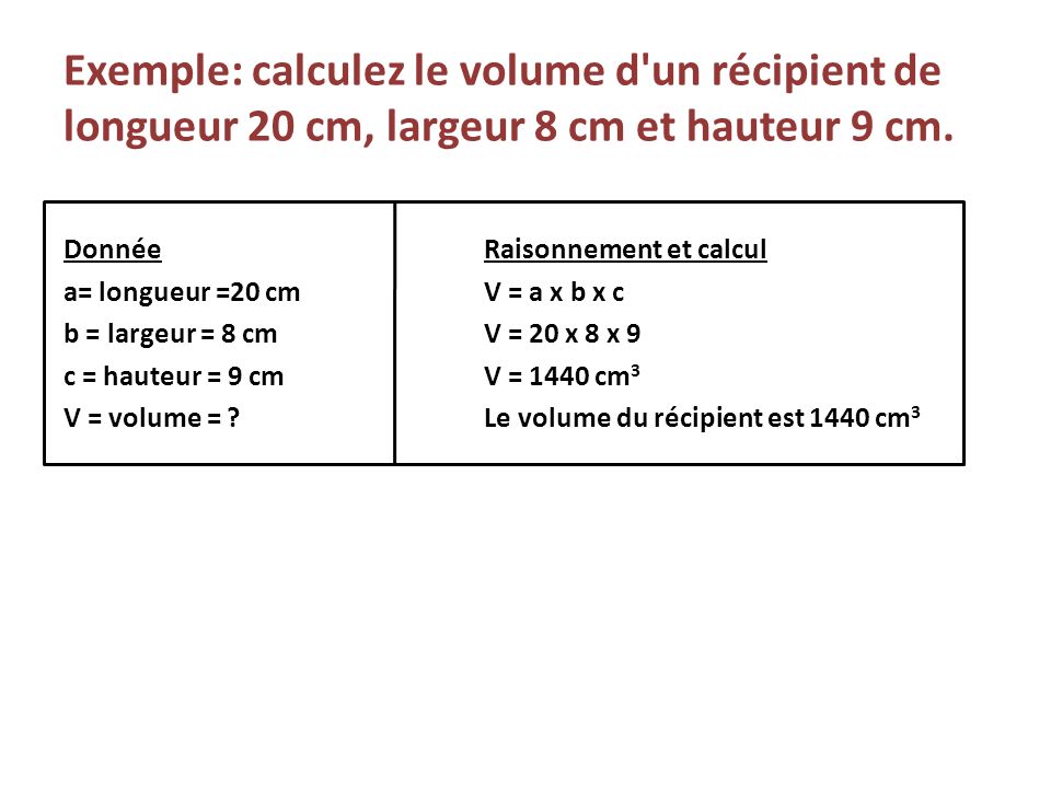 Exemple: calculez le volume d un récipient de longueur 20 cm, largeur 8 cm et hauteur 9 cm.